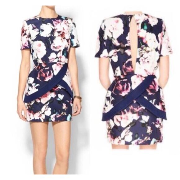 NWT Finders Keepers Pursuit Mini Dress Blue Floral Structured Peplum Size S - Picture 1 of 15